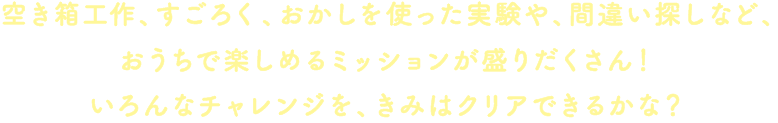 空き箱工作、すごろく、おかしを使った実験や、間違い探しなど、おうちで楽しめるミッションが盛りだくさん！いろんなチャレンジを、きみはクリアできるかな？