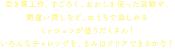 空き箱工作、すごろく、おかしを使った実験や、間違い探しなど、おうちで楽しめるミッションが盛りだくさん！いろんなチャレンジを、きみはクリアできるかな？