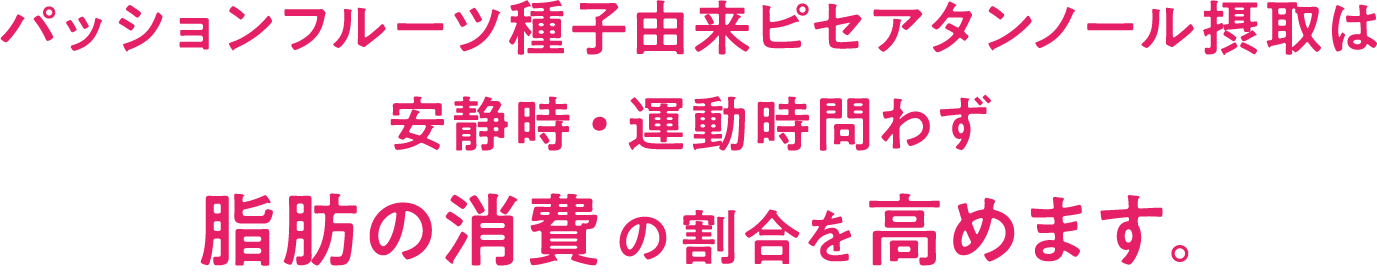 パッションフルーツ種子由来ピセアタンノール摂取は安静時・運動時問わず脂肪の消費の割合を高めます。