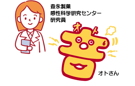 森永製菓感性科学研究センター研究員とオトさんのイラスト