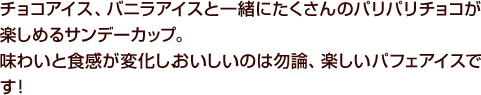 チョコアイス、バニラアイスと一緒にたくさんのパリパリチョコが楽しめるサンデーカップ。味わいと食感が変化し、おいしいのは勿論、楽しいパフェアイスです！