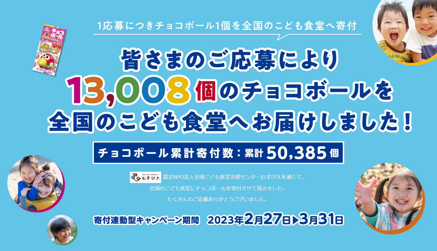 皆さまのご応募により13,008個のチョコボールを全国のこども食堂へお届けしました！