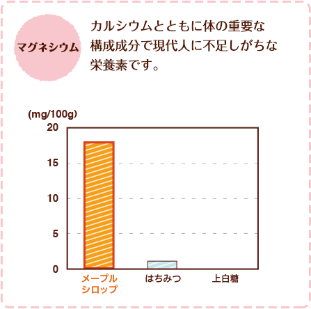 マグネシウム：カルシウムとともに体の重要な構成成分で現代人に不足しがちな栄養素です。